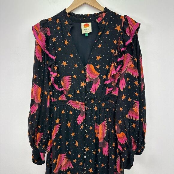 Farm Rio Women’s Black Pink Macaw Bird Orange Stars 3D Star Buttons Midi Dress - Picture 7 of 13